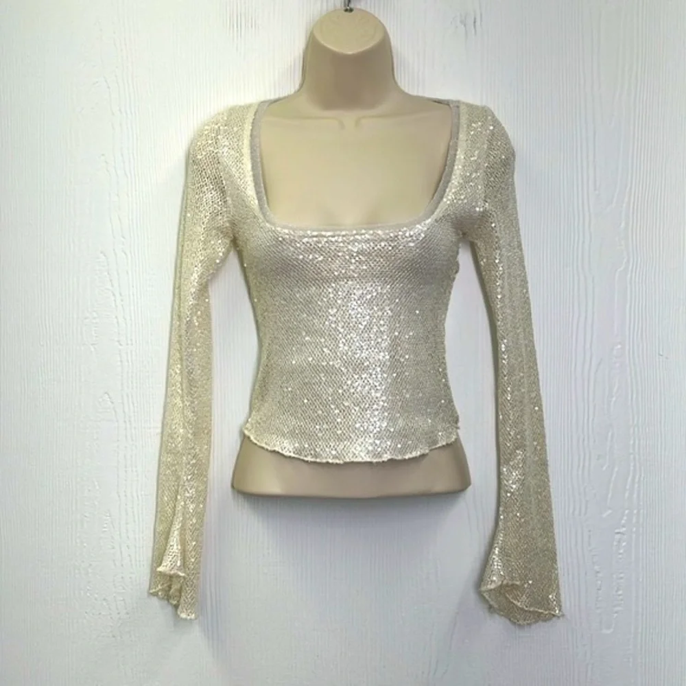 Free People - Late Night Disco Ivory Silver Sequins Embellishment Crop Blouse XS